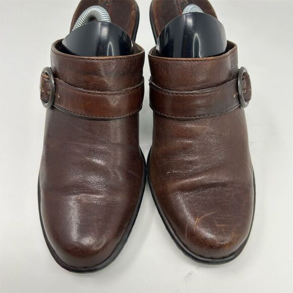Born Women's Brown Leather Slip On Clogs Size 7 Buckle Detail Block Heel - Picture 5 of 11